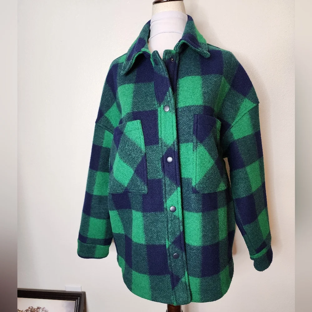 Zara Buffalo Plaid Jacket Green Navy Shacket Winter Thick Flannel Street Wear